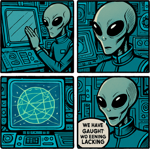 "Comic book style 4 panels of grey alien commander receiving transmission on holographic display showing Earth's internet infrastructure map,  text bubbles saying ' we have caught the humans lacking' , sci-fi comic book technology designs".
In-Game asset.  2d.  High contrast.  No shadows