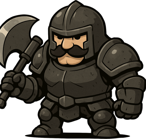 Un guerrero acorazado en estilo chibi de cuerpo completo, de cuerpo bajo y ancho, con una gran armadura pesada de hierro gris oscuro que cubre casi todo su cuerpo. Un casco de hierro de aspecto rudo, dejando ver un bigote italiano chistoso y exagerado. La armadura es muy voluminosa, con hombreras redondeadas, brazales gruesos y botas metálicas, transmitiendo la idea de fortaleza e impenetrabilidad. Sostiene un enorme hacha de batalla de doble filo, desproporcionada en estilo chibi, que enfatiza su poder de ataque. Su expresión es ruda pero cómica gracias al bigote, dándole un aire intimidante y gracioso a la vez..
In-Game asset.  2d.  High contrast.  No shadows