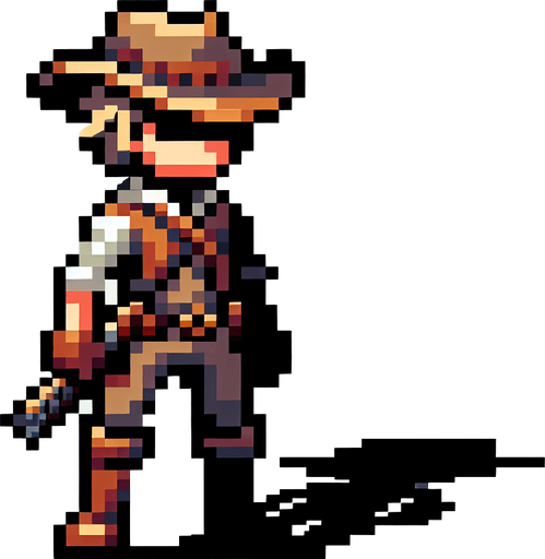 8-bit character that is a hunter.
Single Game Texture. In-Game asset. 2d. Blank background. High contrast. No shadows.