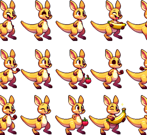 A spritesheet with a number of poses of an happy little female kangaroo in a banana skirt, smiling, walking, waiting, standing, ordering, turning, etc. all seen from the side.The spritesheet should be laid out in a rectangular grid with clear space between each individual sprite. Each sprite in the sheet should be around 300x600 pixels in size..
Single Game Texture. In-Game asset. 2d. Blank background. High contrast. No shadows.