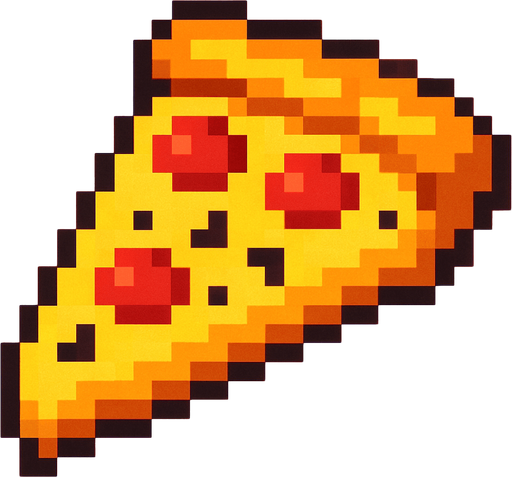 Pixilated pizza.
In-Game asset.  2d.  High contrast.  No shadows