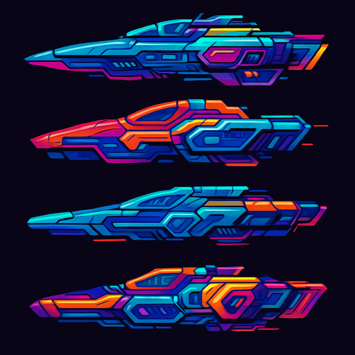 Cyber Ship assets, Cyberpunk, Abstract, Futuer, HD colors, Different colors. Horizontal. seen from a side.
In-Game asset.  2d.  High contrast.  No shadows
