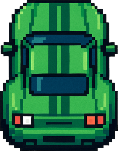 un auto verde deportivo con perspectiva desde arriba hecho con pixeles.
In-Game asset.  2d.  High contrast.  No shadows con perspectiva trasera