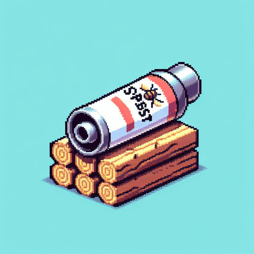 Genera un tipo de aerosol contra insectos que este acostado sobre dos pedazos de madera, como si fuese un cañon, tomalo de perfil mirando a la deracha y hazlo en pixel art.
Single Game Texture.  In-Game asset.  2d.  Blank background.  High contrast.  No shadows
