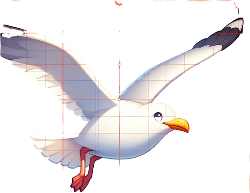 A cartoon seagull. Flying, side profile..
Single Game Texture.  In-Game asset.  2d.  Blank background.  High contrast.  No shadows