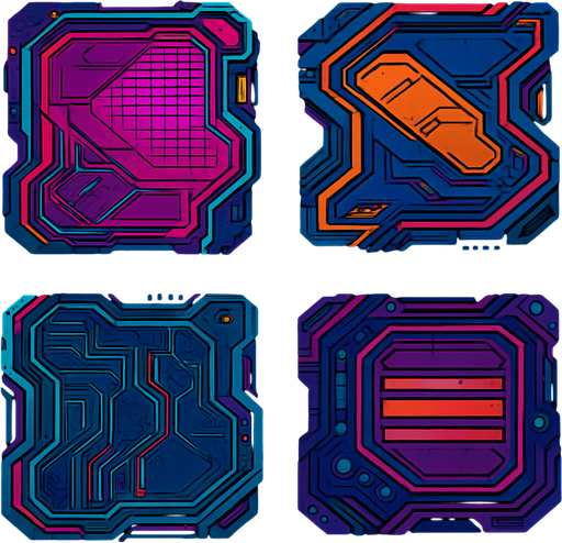 Futuer complicated floors. Cyberpunk. Abstract. separated. Different colors. HD colors.
In-Game asset.  2d.  High contrast.  No shadows