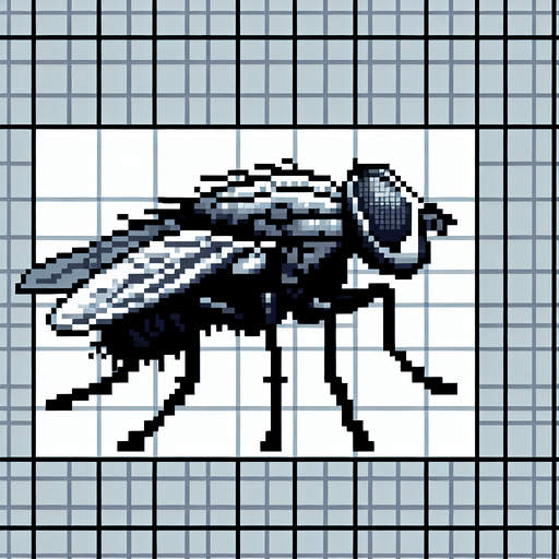 pixel fly facing left.
Single Game Texture.  In-Game asset.  2d.  Blank background.  High contrast.  No shadows