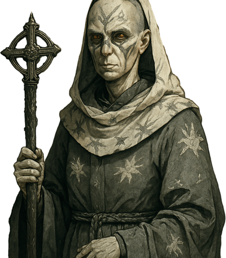 A solemn female cleric in soot-gray robes adorned with ash motifs and sun-bleached fabric. 39 years old, with a thin, gaunt frame, shaved head except for a braided black topknot, pale skin, and glowing amber eyes. Ash marks are smeared across her face in ritual patterns. Holding a prayer staff made of burned oak and silver. She stands in a scorched temple, sunlight breaking through cracked stone. Realistic, highly detailed, sacred atmosphere. realistic.
In-Game asset.  2d.  High contrast.  No shadows