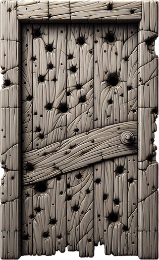 a crooked door with holes in it.
Single Game Texture. In-Game asset. 2d. Blank background. High contrast. No shadows.