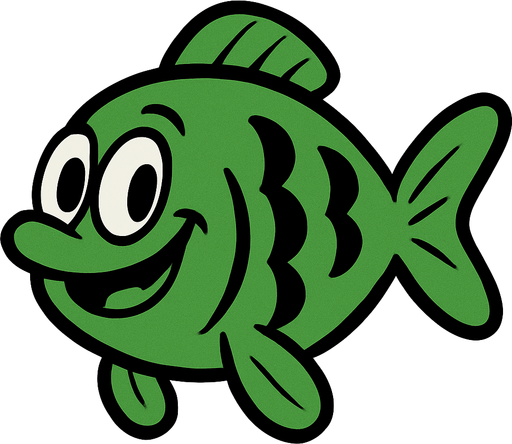 Rubber Hose Style Green Medium-Sized fish.
In-Game asset.  2d.  High contrast.  No shadows