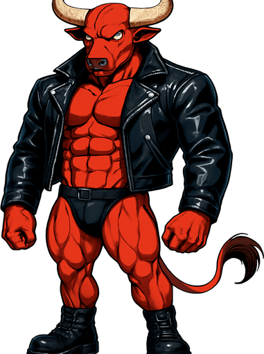 idle animation hunky Minotaur man Cyberpunk manga, minotaur monster hunk, shiny black leather biker jacket longsleeves shirtless muscles, jockstrap combat boots, Background removed, "Full-body character, entirely in frame, no cropping of face, head, or feet" "Complete character visible, from horns to hooves, fully centered in the image" "Entire character, including face and boots, fully within the frame" Character fully contained within a square frame, no edges cut off fashion model idle pose