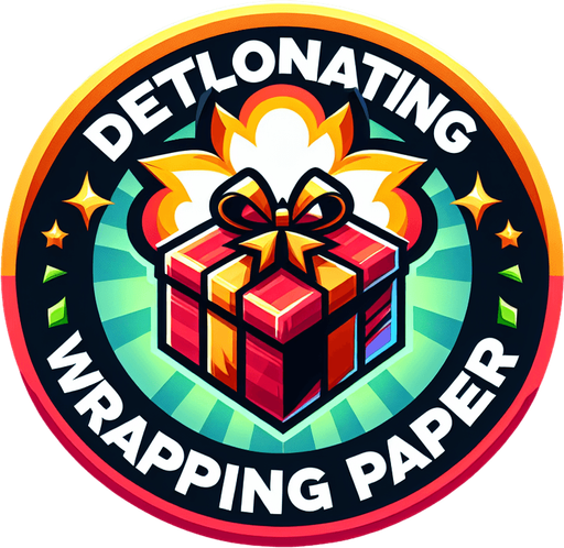 Icon for a explosive present, on a circle, with the text „detonating wrapping paper“ at top, cartoon Single Game Texture. In-Game asset. 2d. Blank background. High contrast. No shadows.