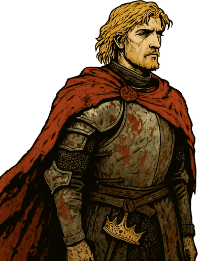 A young prince in a tattered royal cloak, wearing armor half-covered in mud and blood. Male, 31 years old, tall and proud despite exile, with golden blond hair to his shoulders, piercing blue eyes, and fair skin hardened by years of hardship. A broken crown hangs from his belt. He stares out over a ruined battlefield with determination. Realistic, highly detailed, noble tragic style. realistic.
In-Game asset.  2d.  High contrast.  No shadows