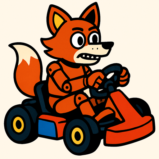 Un zorro rojo animatronico en un kart.
In-Game asset.  2d.  High contrast.  No shadows