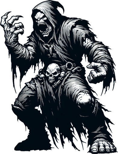 full body angry taunt orc grim reaper style.
Single Game Texture.  In-Game asset.  2d.  Blank background.  High contrast.  No shadows