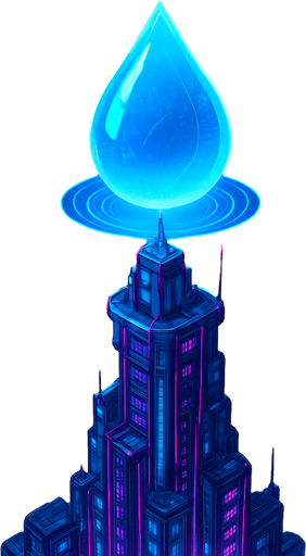Top down isometric neon cyberpunk anime talk futuristic tower spire 3d ocean glowing hd large blue water drop hologram over top