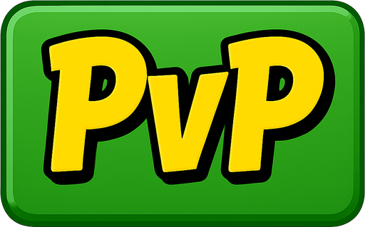 A 3:2 ratio rectangular green button that says “PvP” using this yellow font.