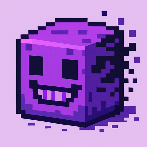 Genera una imagen de un corrupto pixel,  y que no sea terrorífico y que sea morado.
In-Game asset.  2d.  High contrast.  No shadows