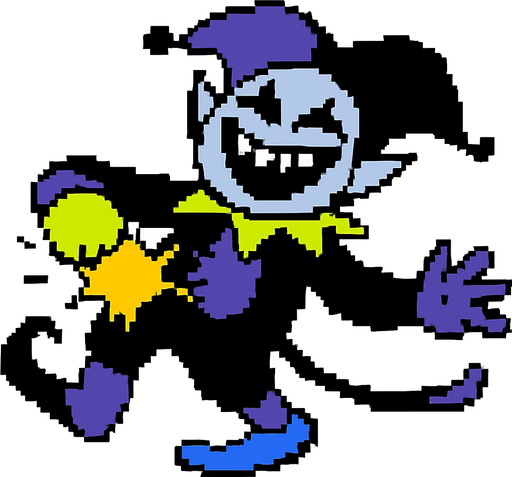 Jevil de deltarune capitulo uno siendo golpeado en el estomago echandose un poco para atras aunque con una risa loca en su rostro (pixeleado con fondo blanco).
In-Game asset.  2d.  High contrast.  No shadows