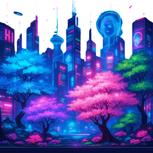 Neon cyberpunk anime city skyline futuristic holograms