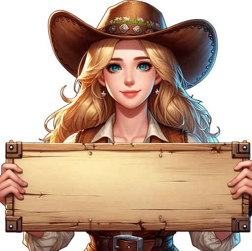 pretty blond human cowgirl holding a sign.
Single Game Texture. In-Game asset. 2d. Blank background. High contrast. No shadows.