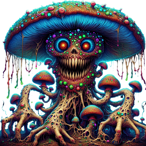 Emerging from the shadows of a twisted, nightmarish landscape, the Psychedelic Nightmare Mushroom Monster is a creature of both mesmerizing beauty and utter terror. Its grotesque form is a tangled amalgamation of flesh and fungi, with its body covered in pulsating, bioluminescent mushrooms that emit an eerie, shifting spectrum of psychedelic colors.

Its head is a nightmarish, oversized mushroom cap, with gnarled, root-like tendrils hanging down, twitching like sentient vines. Hollow, glowing eyes peer out from beneath the cap, radiating an unsettling, otherworldly light that pierces the darkness. A wide, malicious grin stretches across its face, revealing rows of jagged, yellowed teeth that seem to drip with toxic spores.

The creature's limbs are elongated and sinewy, ending in twisted, claw-like fingers that dig into the ground with each step. Its movements are erratic, a haunting dance of jerks and spasms, as if it is being controlled by some unseen force. As it prowls through the.
Single Game Texture. In-Game asset. 2d. Blank background. High contrast. No shadows.