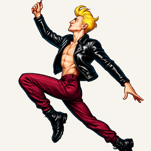 Swishy graceful man opposite arm and leg in front Cyberpunk manga, side profile view jumping pushing off the ground one leg extended one knee raised arm extended overhead Superman flying but fashion pose looking skyward torpedo magic launching leap jump, shiny black leather biker jacket longsleeves shirtless Skinny abs blonde pompadour guy, wine red joggers combat boots, Background removed, "Full-body character, entirely in frame, no cropping of face, head, or feet" "Complete character visible, from head to toe, fully centered in the image" "Entire character, including face and boots, fully within the frame" Character fully contained within a square frame, no edges cut off fashion model idle action pose