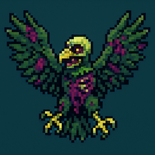 Uma águia zumbi, vista aérea, estilo pixel art.
In-Game asset.  2d.  High contrast.  No shadows