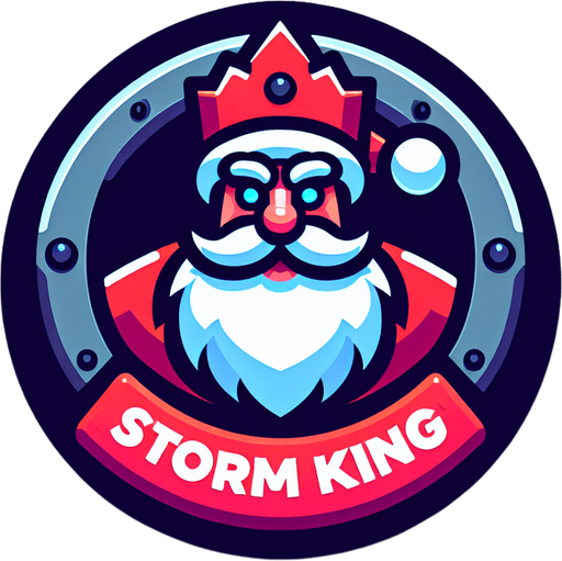 Icon for a santa as a storm king on a circle, with the text „Storm King“ at top, cartoon, christmas style Single Game Texture. In-Game asset. 2d. Blank background. High contrast. No shadows.