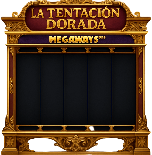 Crea un asset visual completo para una máquina tragamonedas estilo Megaways, coherente con 'La Tentación Dorada'.

Diseño Central Megaways:

Rodillos Dinámicos: Muestra una configuración de 6 rodillos verticales, donde la altura de cada rodillo puede variar de forma dinámica (mostrando entre 2 y 7 símbolos por rodillo). Esto debe ser visualmente aparente, quizás con indicadores de símbolos en la parte superior/inferior de cada rodillo (necesito que dejes un hueco en la maquina para que yo ponga los 6 rodillos/slots).

Estilo y Temática:

Opulencia: Marco de la máquina lujoso, dorado, con detalles intrincados, similar a la tragamonedas principal.

Fondo de Rodillos: Oscuro y elegante (negro, azul noche), para resaltar los símbolos.