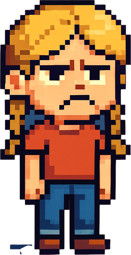 bad regular frown casual girl kid blonde hair braided full body 2d pixel art.
In-Game asset.  2d.  High contrast.  No shadows