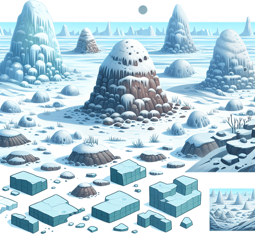 Arctic pingos.
Single Game Texture. In-Game asset. 2d. Blank background. High contrast. No shadows.
