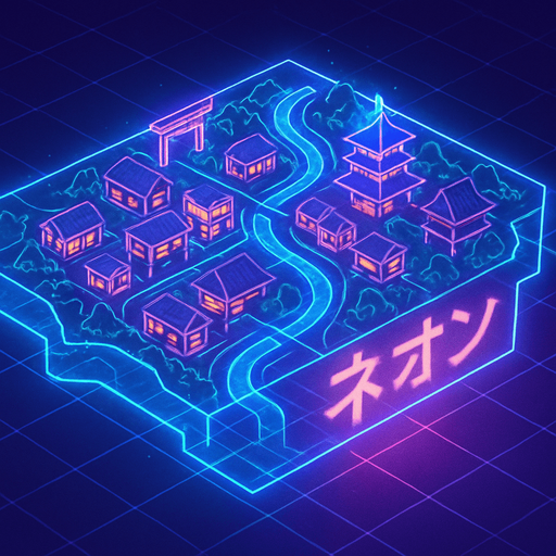 Top down isometric anime region neon map grid hologram
