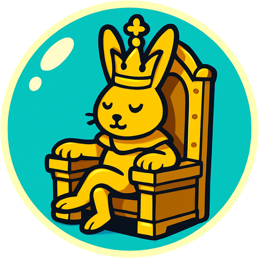 a bubble with a golden king rabbit inside sitting in a throne.
In-Game asset.  2d.  High contrast.  No shadows
