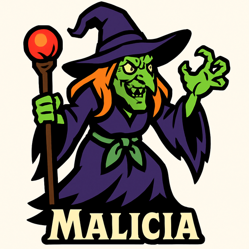 La sorcière Malicia.
In-Game asset.  2d.  High contrast.  No shadows