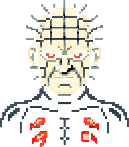 pinhead hellraiser pixel art.
In-Game asset.  2d.  High contrast.  No shadows