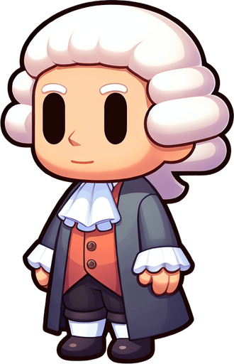 Newton in a white wig, full-length, cartoon style.
Single Game Texture. In-Game asset. 2d. Blank background. High contrast. No shadows.