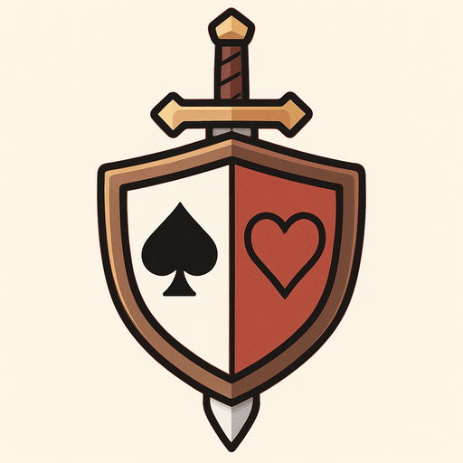 A shield with a spade and heart card suit coat of arms on it with a sword crossed downwards, behind it.  icon. Anime style..
In-Game asset.  2d.  High contrast.  No shadows
