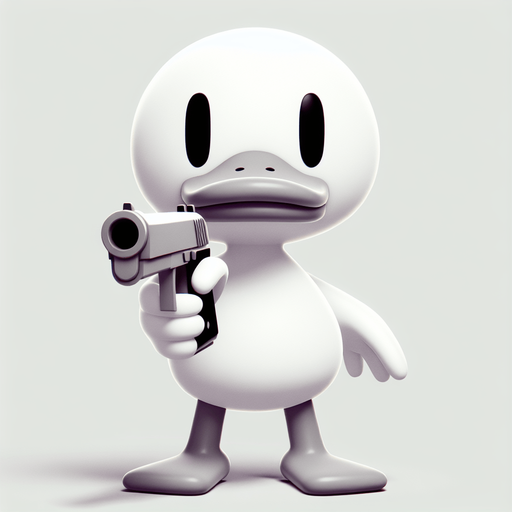 Белая мультяшная утка держит ружье и направляет в экран..
Single Game Texture. In-Game asset. 2d. Blank background. High contrast. No shadows.