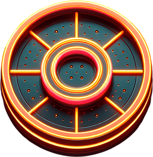 Air hockey disk with neon orange lights. top view.
Single Game Texture. In-Game asset. 2d. Blank background. High contrast. No shadows.