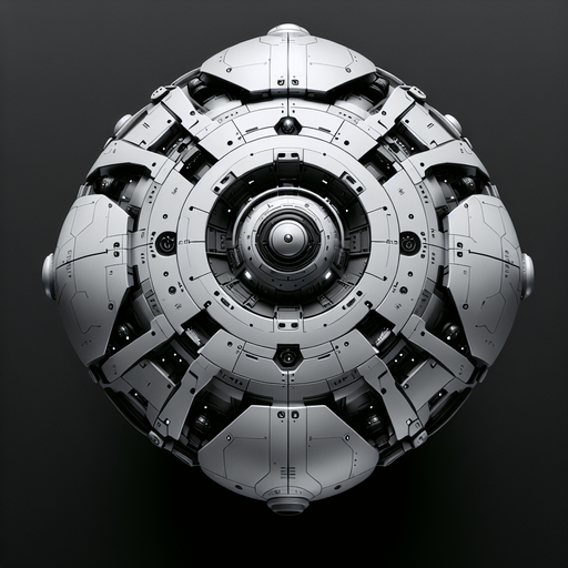 Top view (zenith view) of a simple futuristic spherical defense drone with a central top canon