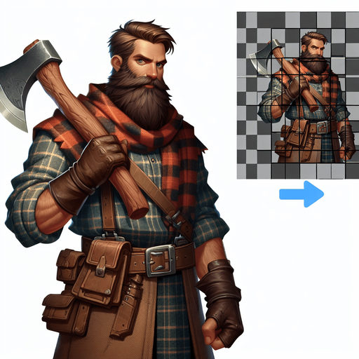 A lumberjack in a fantasy rts style.
Single Game Texture. In-Game asset. 2d. Blank background. High contrast. No shadows.