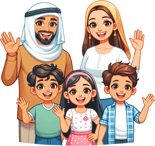 A smiling family waving..
Single Game Texture. In-Game asset. 2d. Blank background. High contrast. No shadows.