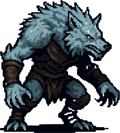 Frost Wolf Man Dark souls style 2d pixel art.
In-Game asset.  2d.  High contrast.  No shadows