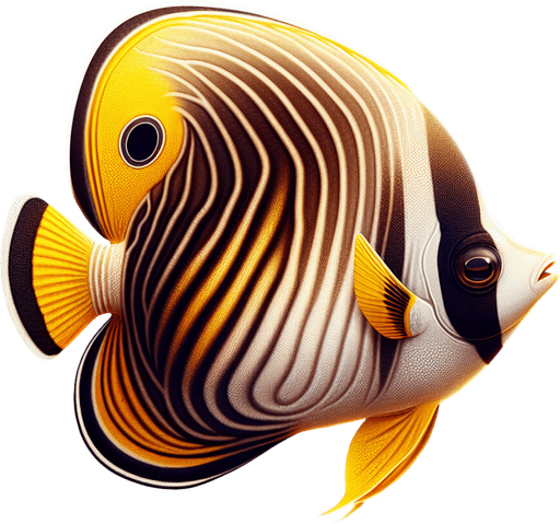 A realistic butterflyfish.
Single Game Texture. In-Game asset. 2d. Blank background. High contrast. No shadows.