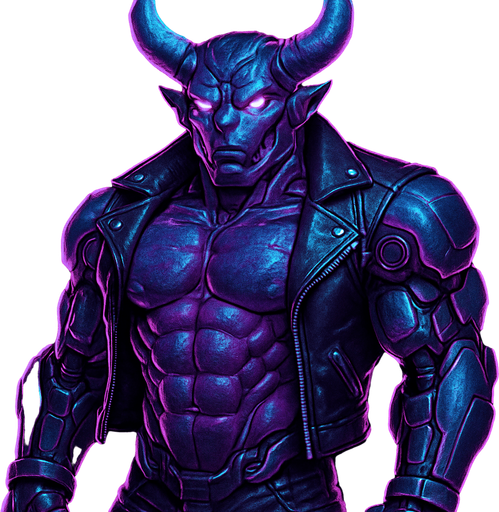 Demon robot Black leather biker jacket longsleeves shirtless muscles pecs abs hunky demon cyborg robot mecha cyberpunk neon manga futuristic monster stud beefcake