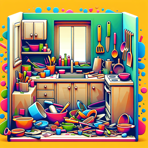 dağınık bir mutfak, odanın içinden görünüm. 3d renkli anime, çizgi film