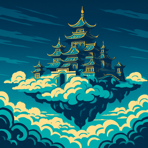 dari jauh terlihat istana langit di atas awan luas versi fantasy china.
In-Game asset.  2d.  High contrast.  No shadows
