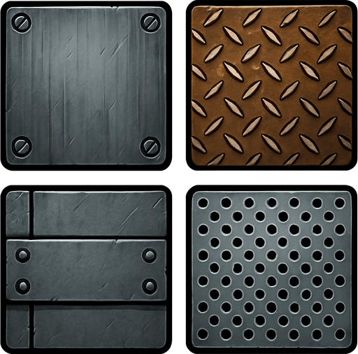 Different metal backgrounds, square.
In-Game asset.  2d.  High contrast.  No shadows