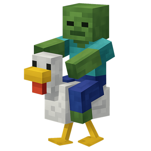 Blocky zombie riding blocky chicken. No background. Transparent background. Blank background. No shadows. 2d. In-Game asset. flat